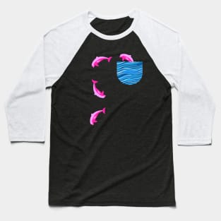 Cute pink dolphin jumping out of ocean pocket Baseball T-Shirt